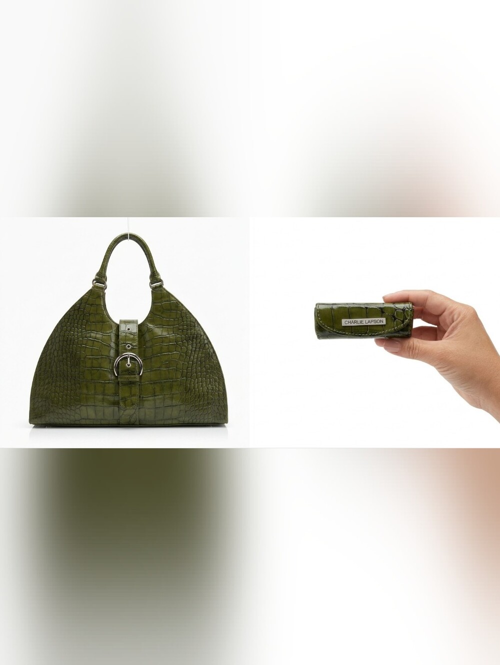Charlie Lapson Green Croc Embossed Leather Buckle Handbag & Matching Case Set